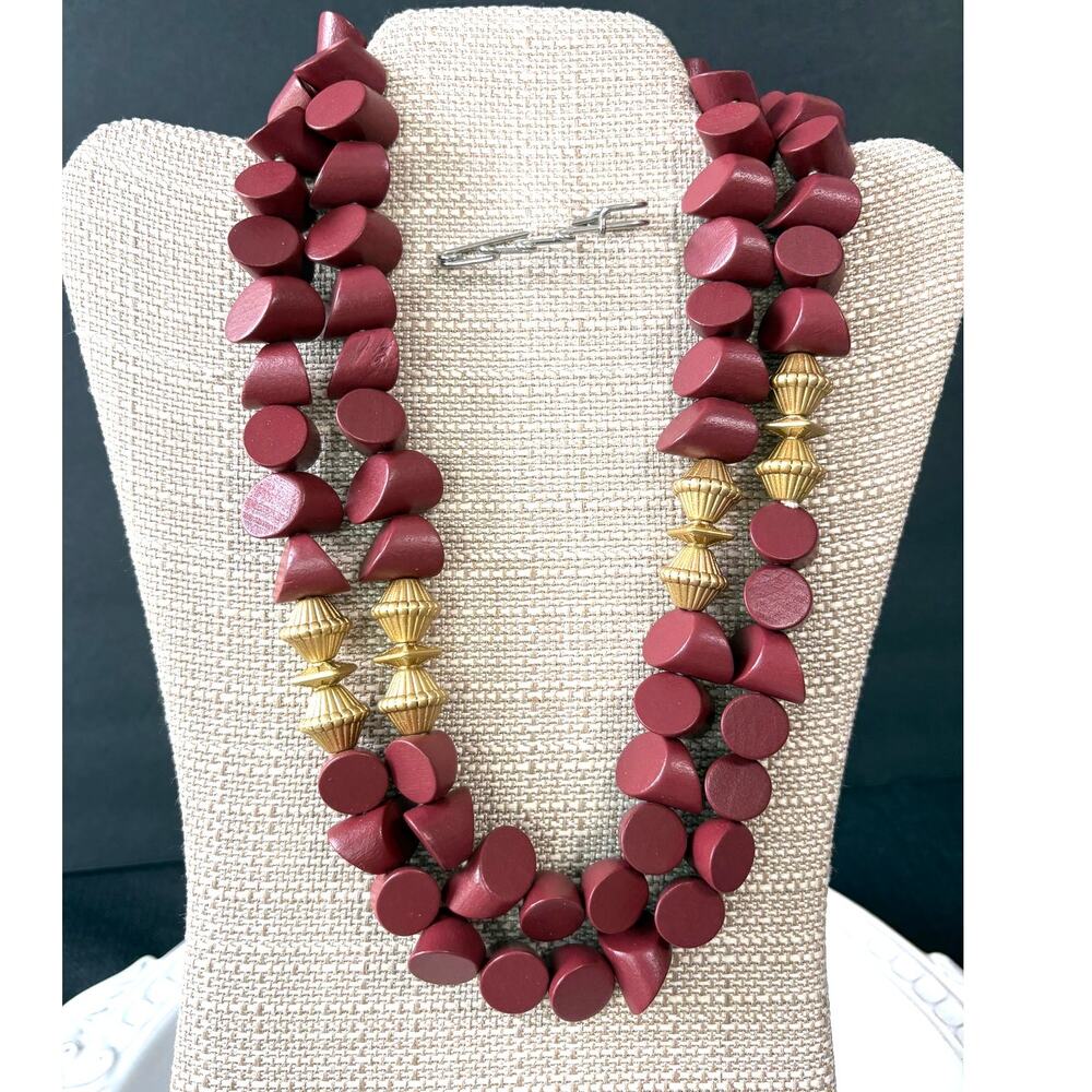 Plunder Design Burgundy Necklace Wood Gold Beads NWOT